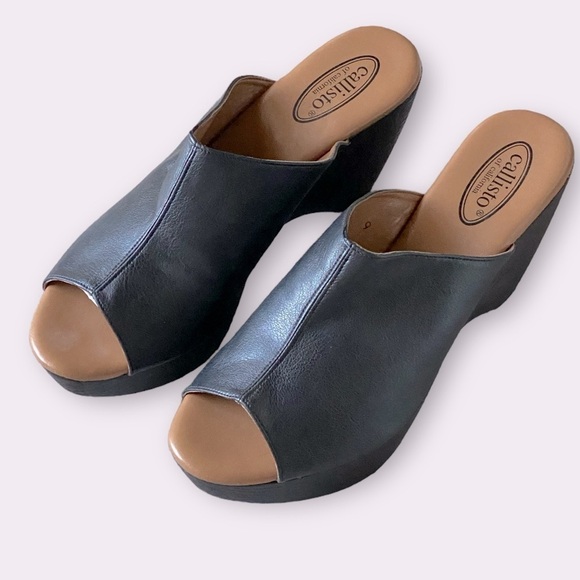 CALLISTO Black Leather Wooden Wedge Mules Clogs Open Toe Gothic Size 9 Gothic - Picture 5 of 13